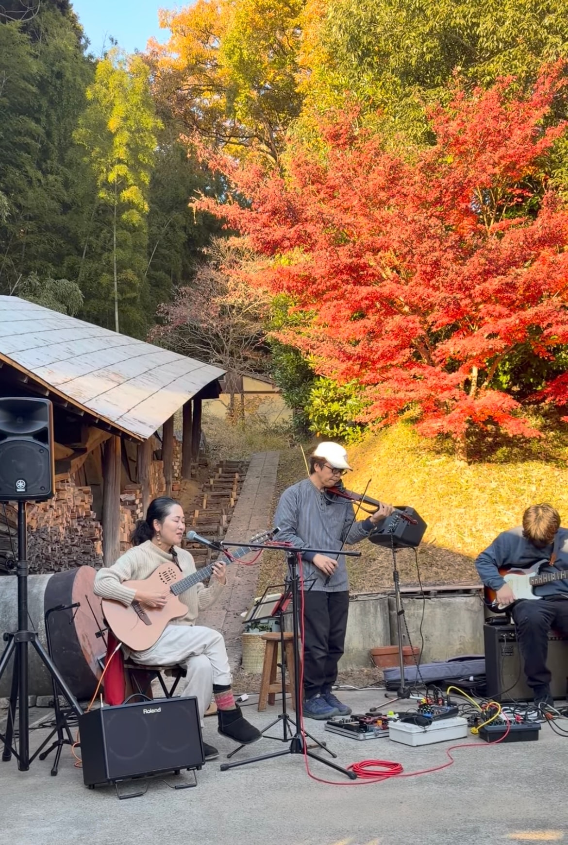 Musicians performing outdoors among autumn foliage in Mashiko
