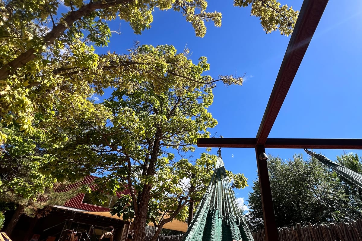Ojo Santa Fe Spa Resort outdoor hammock and pergola area framed by cottonwood trees against a vivid blue sky